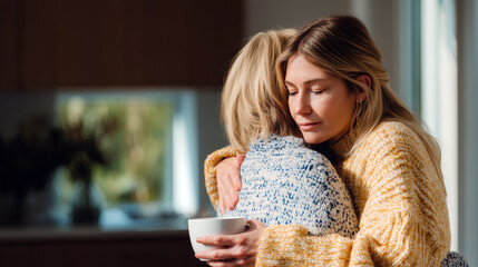 Two women friends share tender embrace while holding coffee cup in cozy home kitchen. Emotional farewell or greeting moment shows genuine friendship and affection during morning gathering indoors.