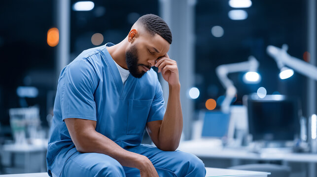 Exhausted African American doctor in blue scrubs showing fatigue and burnout. Tired medical professional taking break during long hospital shift, touching face in healthcare setting.