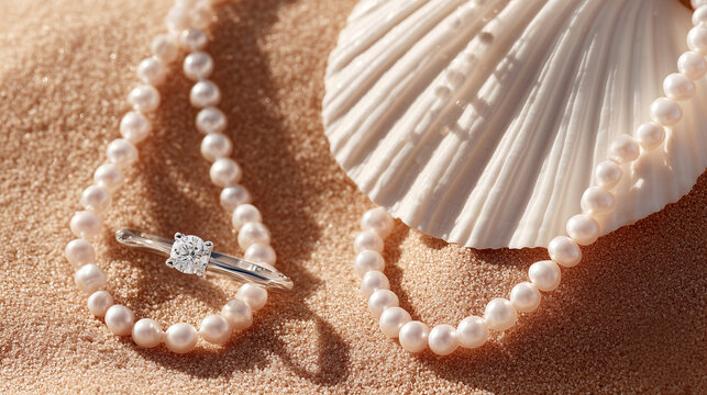 Pearl necklace and diamond ring with seashell on golden beach sand. Luxury jewelry summer ocean setting, elegant wedding bridal accessories, natural marine coastal luxury lifestyle concept.
