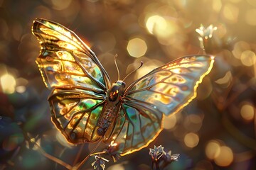 Stunning iridescent butterfly with golden sunlight glinting on its delicate wings in nature