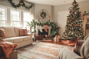 Warm cozy living room adorned with a glowing Christmas tree fireplace and festive decor