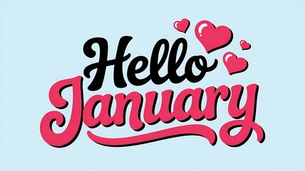 Handwritten hello january text with decorative pink hearts and a playful script font against a light blue background