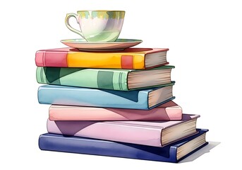 Stack of colorful vintage books topped with a delicate teacup and saucer on a white background