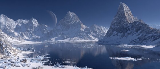 Spectacular icy mountain landscape with towe snow-covered peaks reflected in calm arctic water under clear blue sky