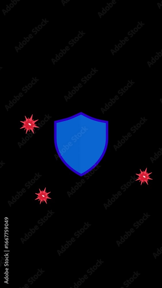 Poster shield animation protecting from viruses representing immunity and healthcare precautions vertical v