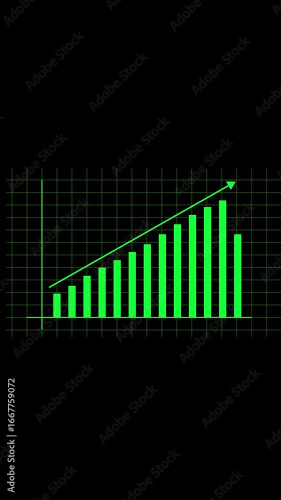 Poster business and finance animated green bar graph illustrating progress on black background vertical vid