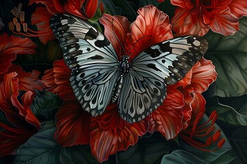 Stunning butterfly rests on vibrant red flower, showcasing intricate wing patterns in close-up detail