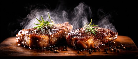 Juicy grilled steaks with fresh herbs steaming on a dark wooden surface for savory meal preparation