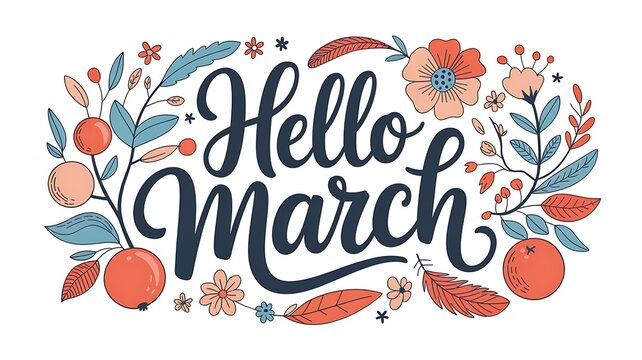 Beautifully hand lettered hello march greeting surrounded by a vibrant floral border with orange flowers and green leaves