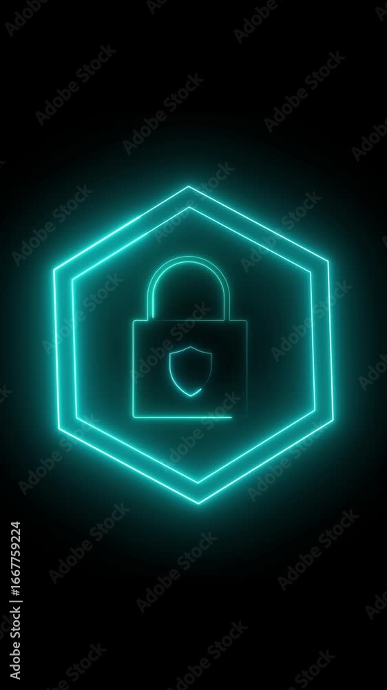 Aufkleber vertical video featuring glowing blue neon lock and shield for cybersecurity and data protection con