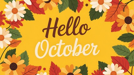 Warm autumn welcome hello october greeting with decorative floral border and falling leaves on yellow background