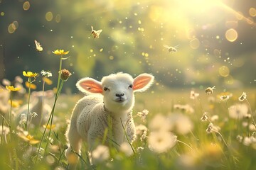 Adorable fluffy lamb explores a sunny meadow filled with wildflowers and buzzing bees