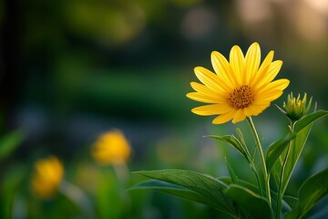Obraz premium Vibrant yellow flower in sunlit garden setting