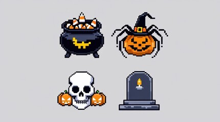 Pixel art Halloween icons featuring a cauldron pumpkin spider skull with pumpkins and tombstone