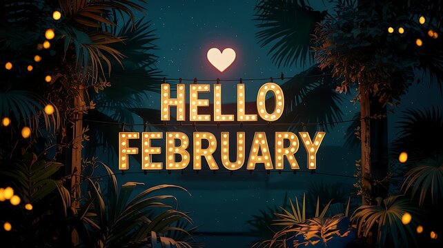Warm glowing marquee letters spell out hello february with a small heart above surrounded by festive fairy lights and dark foliage