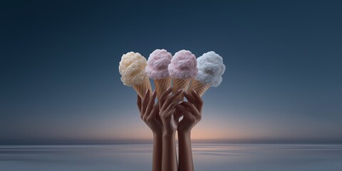 Diverse hands holding pastel ice cream cones against tranquil ocean sunset