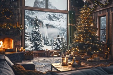 Cozy Christmas cabin retreat with roaring fireplace and festive tree overlooking snowy mountain waterfall