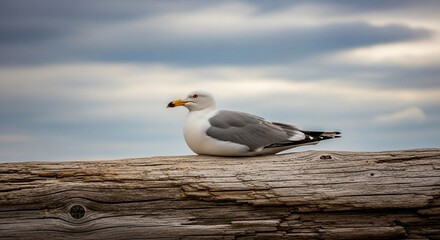 Fototapeta premium Seagull perched on weathered log bird resting under cloudy sky wildlife photography