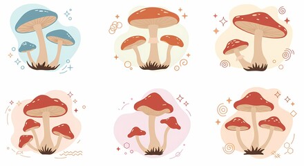 Colorful cartoon mushrooms in various arrangements and styles  
