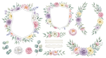 Delicate watercolor floral frames and embellishments featuring pastel roses, lavender, and greenery for elegant wedding invitations and decorative design projects