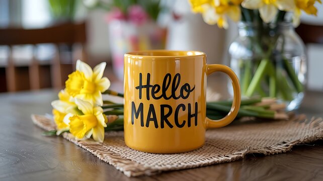 Warm yellow mug with hello march text sits on a rustic placemat surrounded by cheerful daffodils in soft natural light