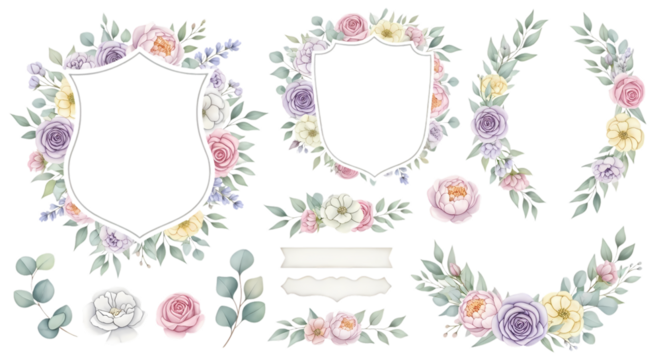 Delicate watercolor floral frames and embellishments featuring pastel roses, lavender, and greenery for elegant wedding invitations and decorative design projects
