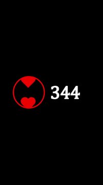 Love reaction count animation showing increase on social media vertical video. Abstract heart symbol with number 201 displays on black background animation. Social media love reaction count concept.