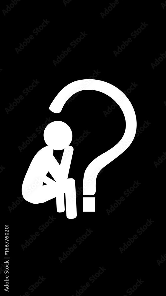 Poster thinking person surrounded by question marks representing pondering ideas vertical video. a figurati