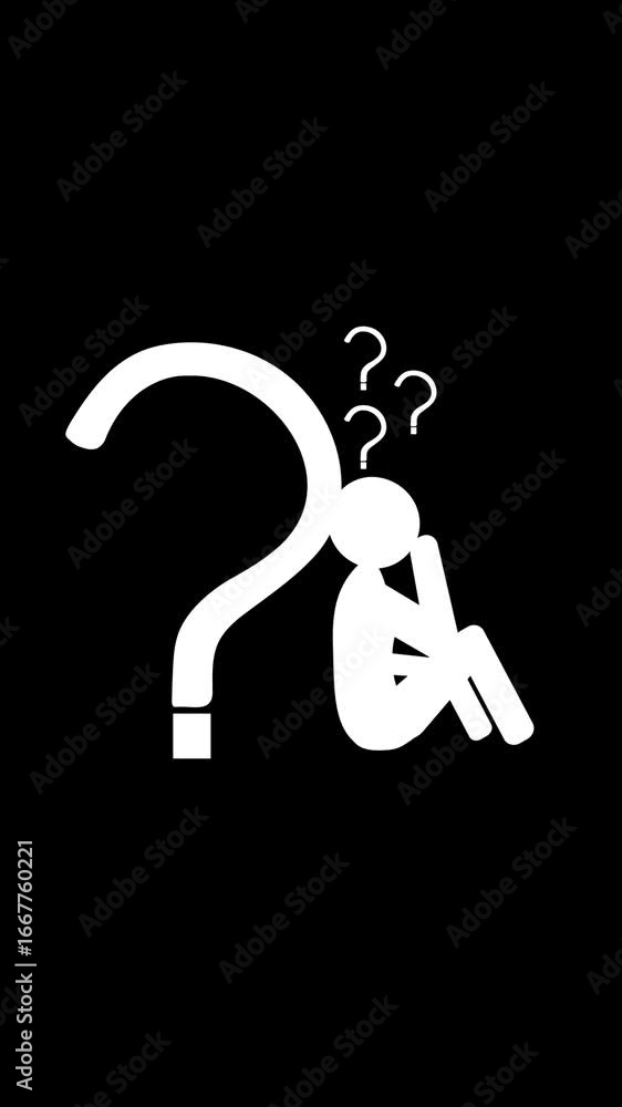 Poster animated conceptual person with question marks illustrating thought process vertical video. conceptu