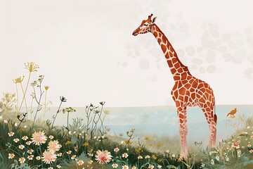 Graceful giraffe standing amidst a vibrant meadow filled with wildflowers and a small bird nearby