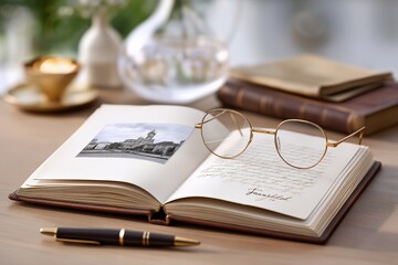 Vintage journal with glasses and pen on wooden desk