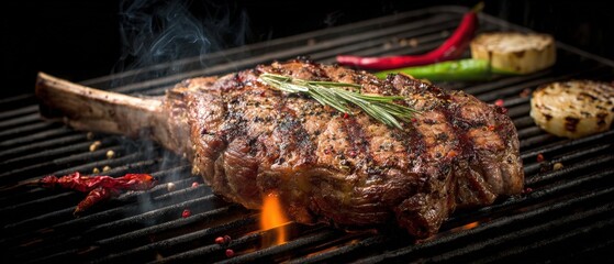 Juicy grilled steak with char marks, fresh herbs, and vegetables cooking over an open flame on barbecue grill