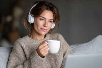 Caucasian young woman relaxing indoors with headphones and coffee while using laptop