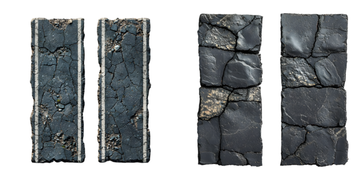 Two asphalt road sections isolated on a transparent background