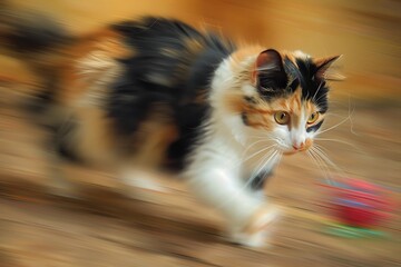 Dynamic calico cat pouncing with intense focus on a blurred background, capturing playful energy