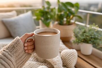 Cozy morning with coffee on balcony surrounded by green plants