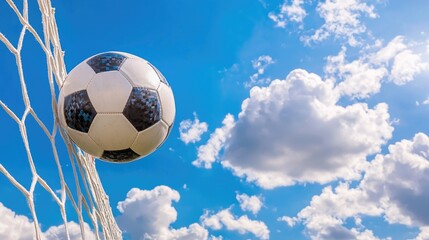 Soccer Ball Hitting Net Against a Bright Sky with Fluffy Clouds in a Fun Outdoor Scene
