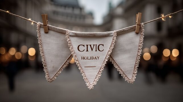 Civic holiday bunting with festive lights in urban setting - Powered by Adobe