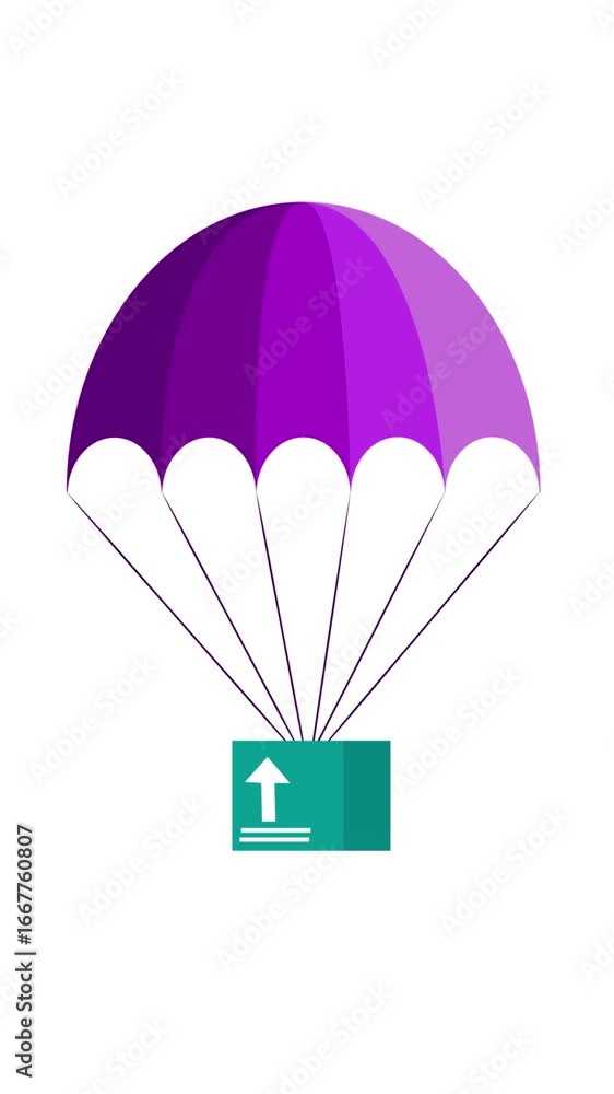 Poster parachute delivery concept with box and upload icon stylized animation vertical video. stylized illu