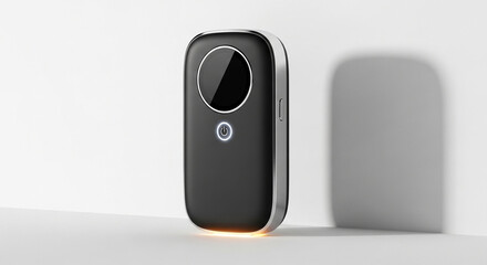 A black rectangular device with rounded corners, standing upright against a white surface. The device features a circular screen and a button.

