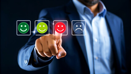 Businessman selecting a neutral face on a digital customer satisfaction survey, highlighting feedback and evaluation.