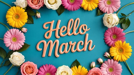 Vibrant spring floral wreath with hello march text welcoming the season of renewal and freshness