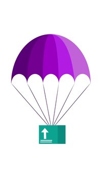 Parachute delivery concept with box and upload icon stylized animation vertical video. Stylized illustration of a parachute with a box and upload icon against a white background.