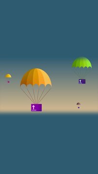 Delivery logistics concept with animated parachutes carrying packages and upward arrows vertical video. Animated parachutes carrying packages with upward arrows depicting delivery logistics concept.