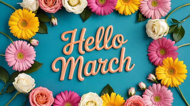 Vibrant spring floral wreath with hello march text welcoming the season of renewal and freshness