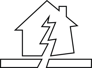 Earthquake houses collapse icon , black solid and outline vector of damaged skyscrapers, cracked ground, shaking effect, seismic disaster, destruction, emergency alert and safety awareness symbol