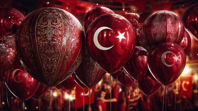 Red holiday banner of 30 august Victory Day Turkey. Zafer bayrami. Vector illustration with realistic red air balloons with turkish symbol. Translation: August 30, Victory Day, Happy Birthday.