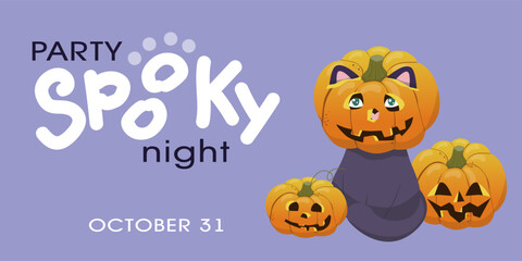 Vector illustration of a Halloween-themed spooky night party invitation. Features three carved pumpkins, including one with cat ears, set against a purple background. Perfect for festive event promoti
