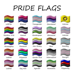 Fototapeta premium Set of colorful 3d LGBTQ+ pride flags Gender equality and sexual identity pride flags collection LGBTQIA community pride month