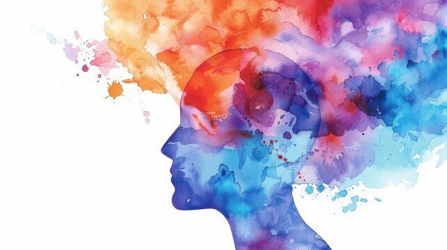 Abstract watercolor silhouette exploring mental health and emotional well-being concepts. Horizontal banner. Copy space. Watercolor illustration. Stress Awareness Day